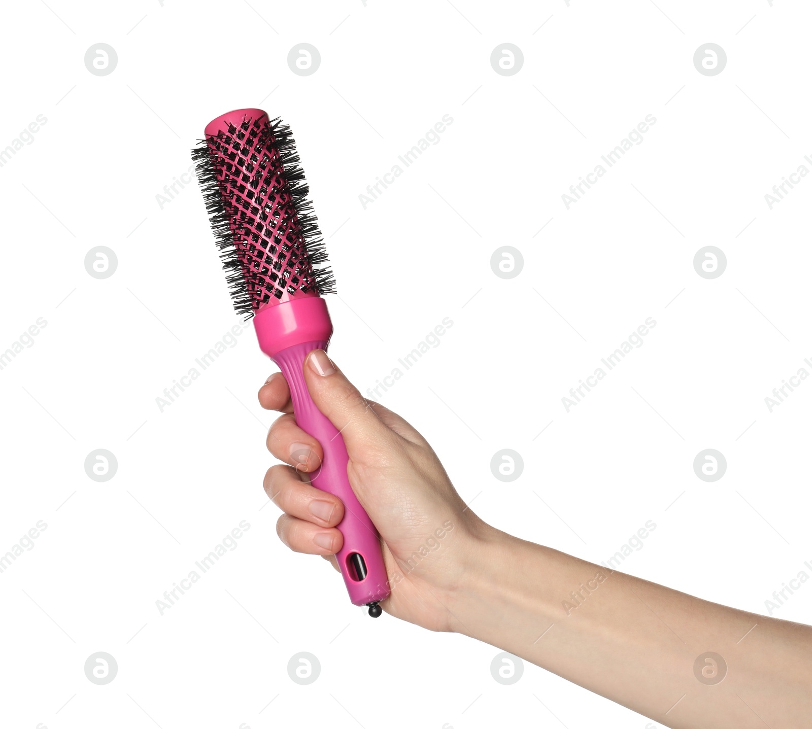 Photo of Woman with round pink hair brush on white background, closeup