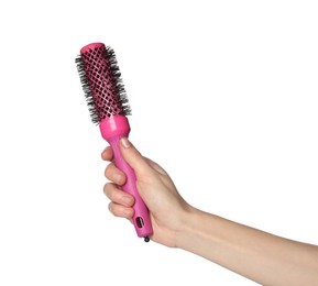 Photo of Woman with round pink hair brush on white background, closeup