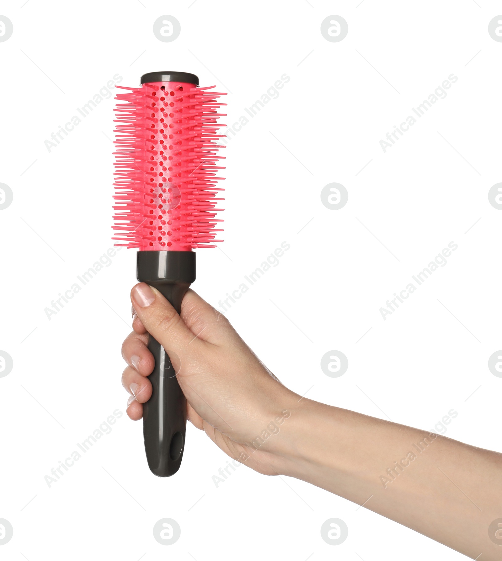 Photo of Woman with round hair brush on white background, closeup