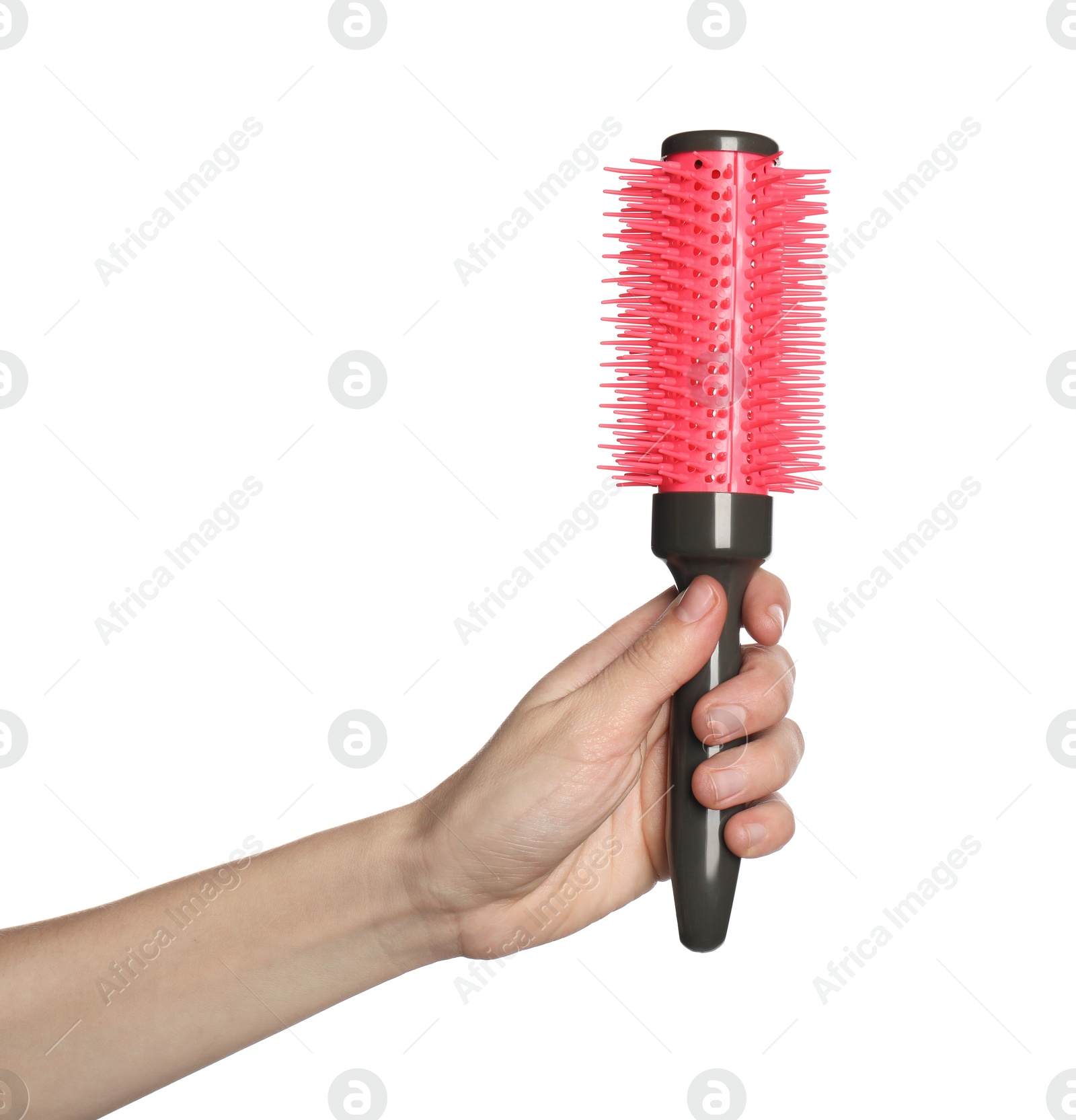 Photo of Woman with round hair brush on white background, closeup