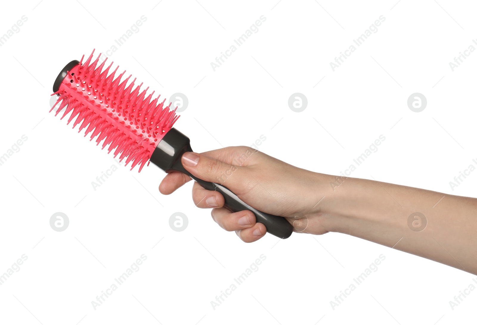 Photo of Woman with round hair brush on white background, closeup