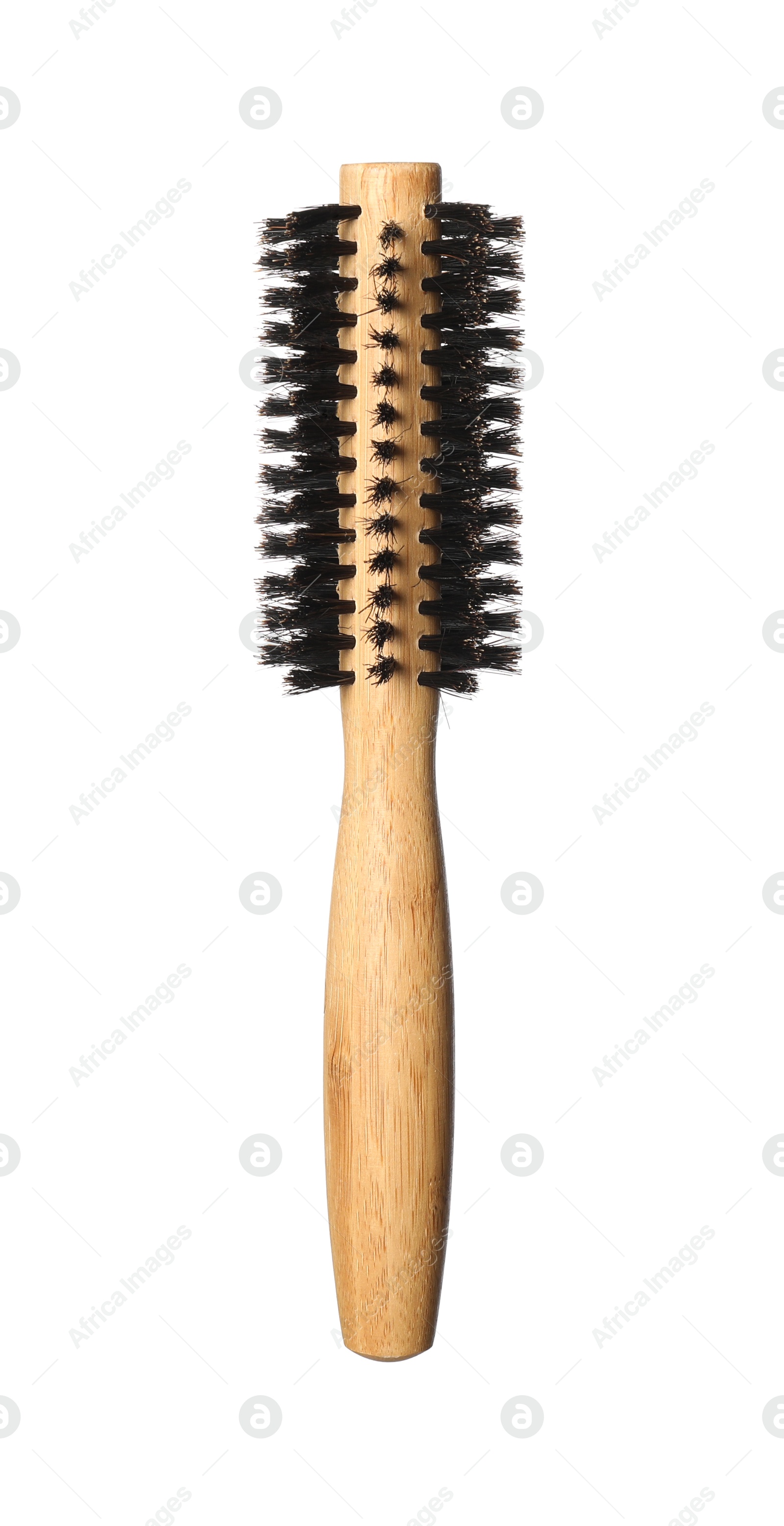 Photo of Hairdresser tool. Round wooden brush isolated on white