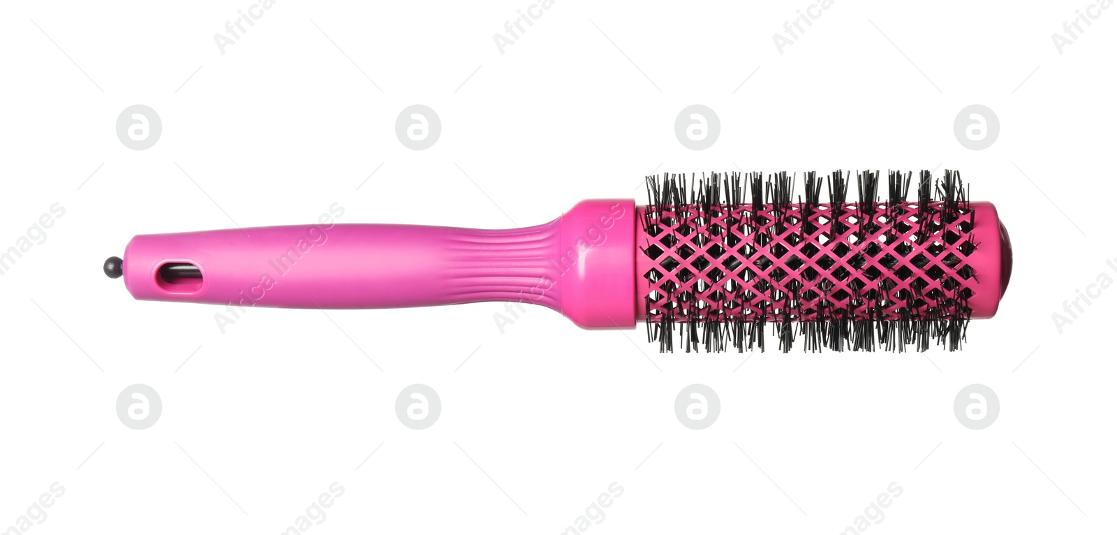 Photo of Hairdresser tool. Round pink brush isolated on white