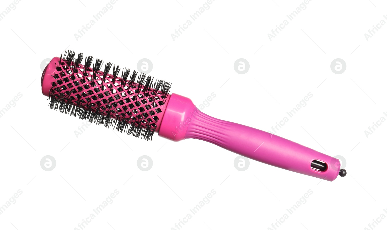 Photo of Hairdresser tool. Round pink brush isolated on white