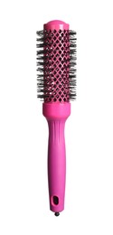 Photo of Hairdresser tool. Round pink brush isolated on white