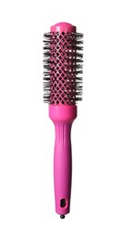 Photo of Hairdresser tool. Round pink brush isolated on white