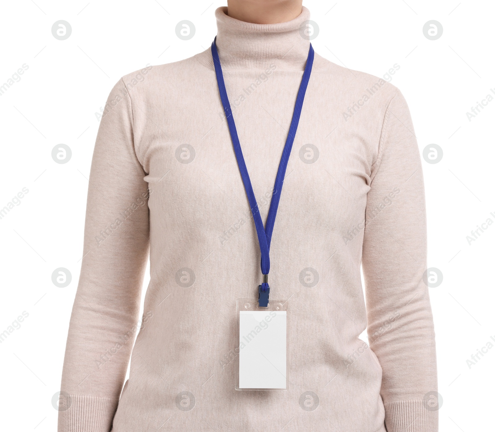 Photo of Woman with blank badge on white background, closeup