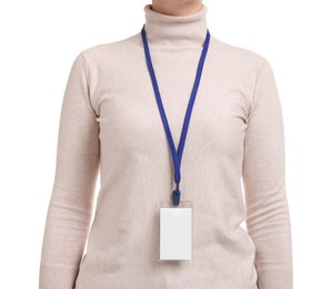 Photo of Woman with blank badge on white background, closeup