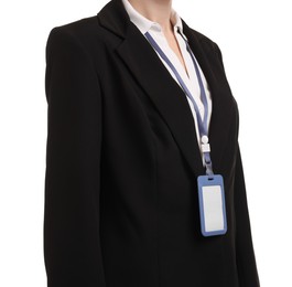 Photo of Woman with blank badge on white background, closeup