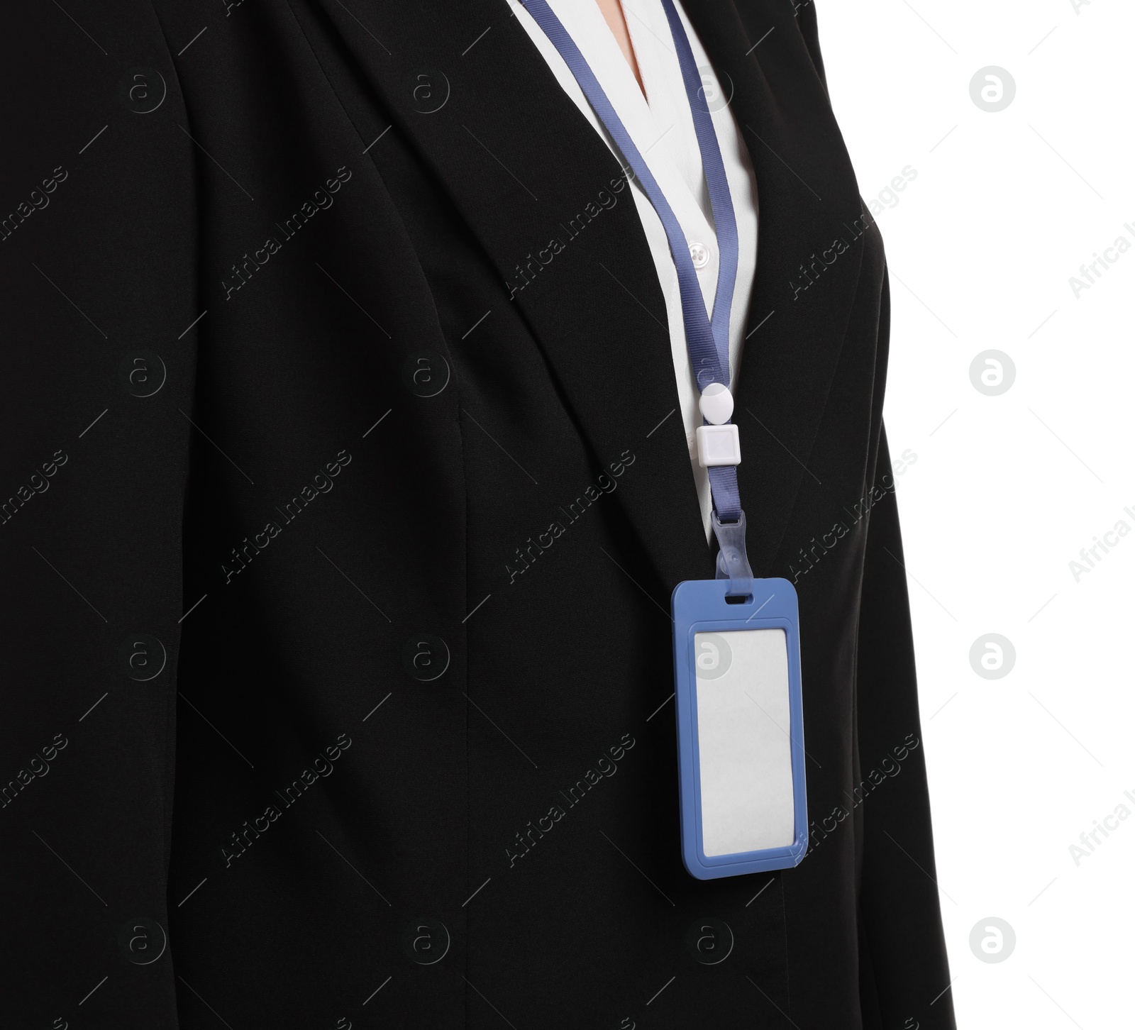 Photo of Woman with blank badge on white background, closeup