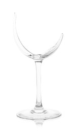 Photo of One broken wine glass isolated on white