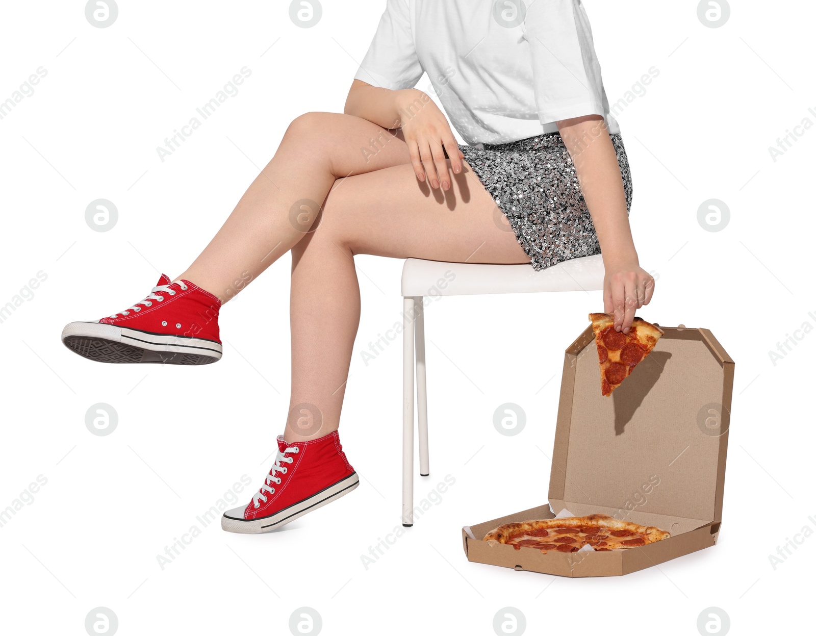 Photo of Woman with delicious pizza on white background, closeup