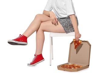 Photo of Woman with delicious pizza on white background, closeup