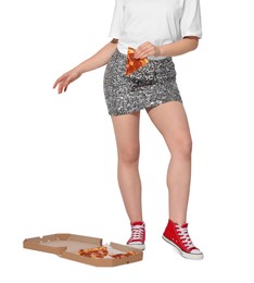 Woman with delicious pizza on white background, closeup