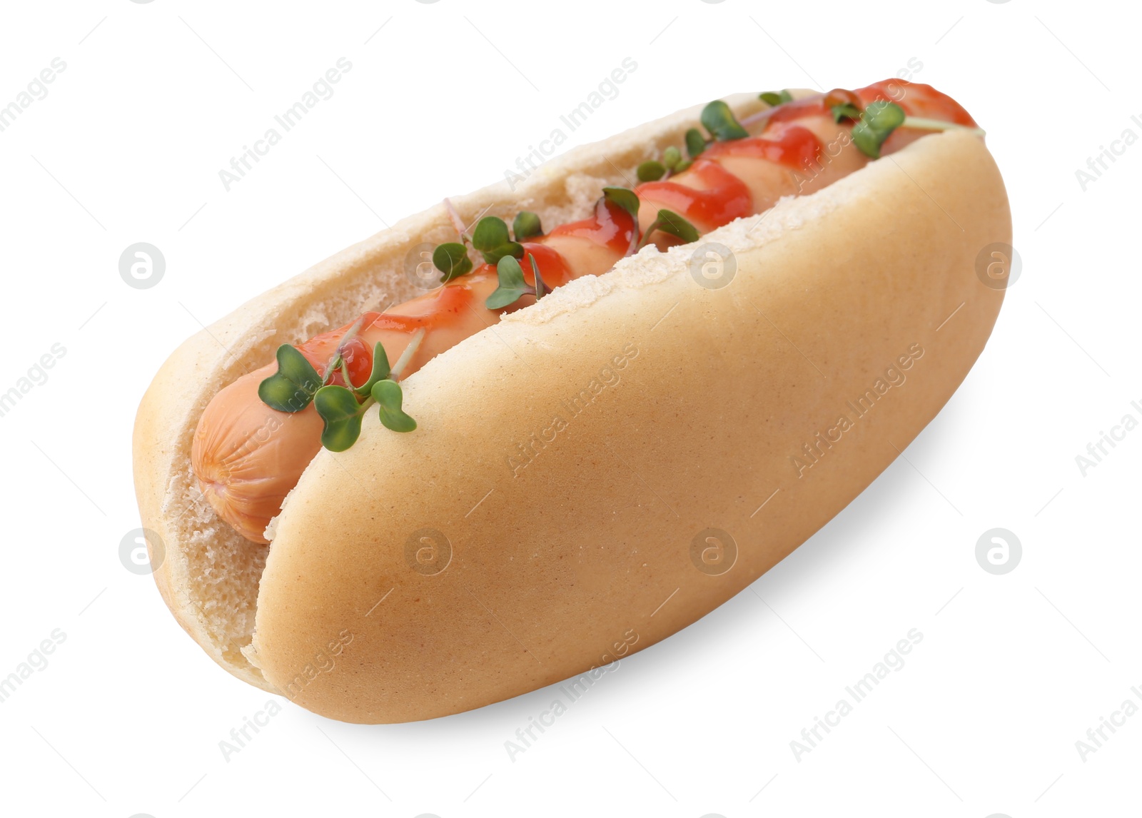 Photo of Tasty hot dog with ketchup and microgreens isolated on white