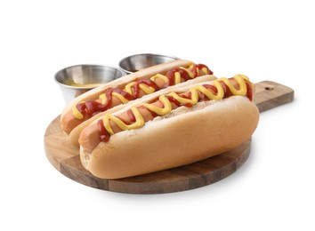 Photo of Tasty hot dogs with ketchup and mustard isolated on white