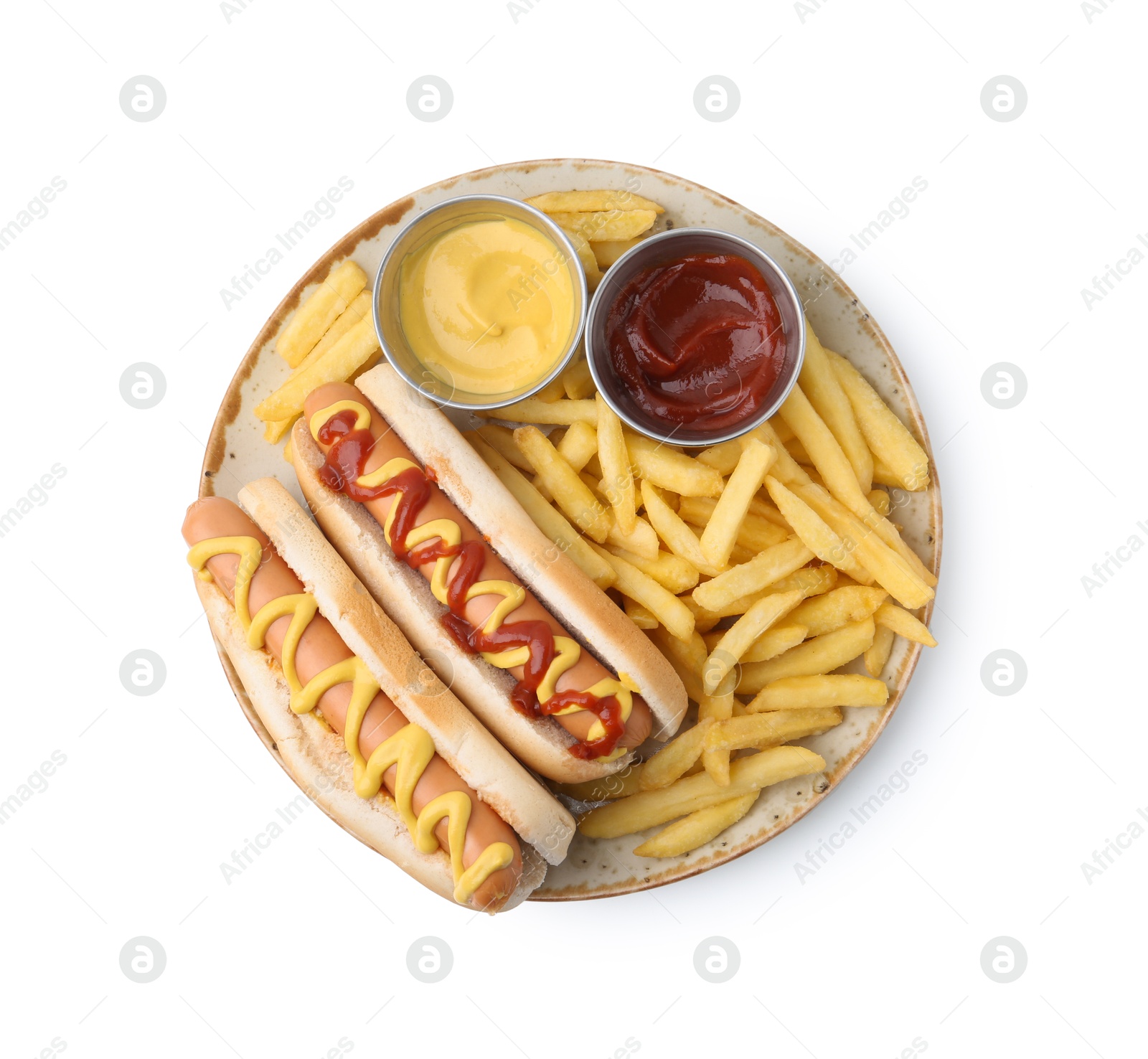 Photo of Tasty hot dogs with fries and sauces isolated on white, top view