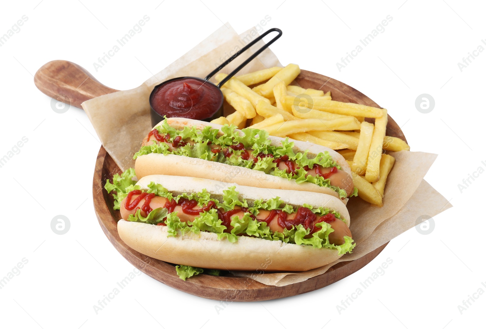 Photo of Tasty hot dogs with lettuce, ketchup and potato fries isolated on white