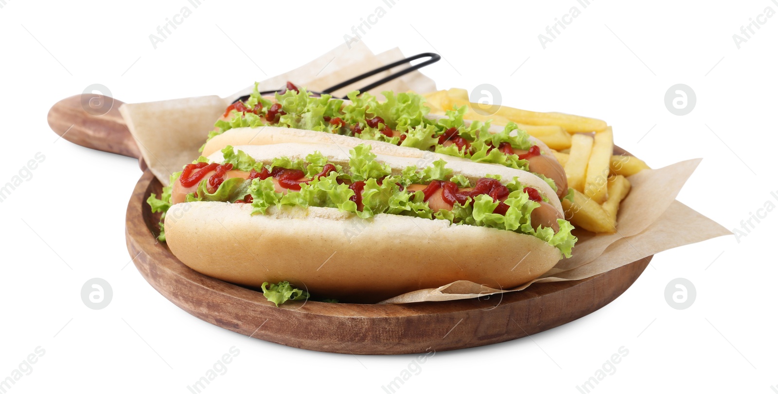 Photo of Tasty hot dogs with lettuce, ketchup and potato fries isolated on white