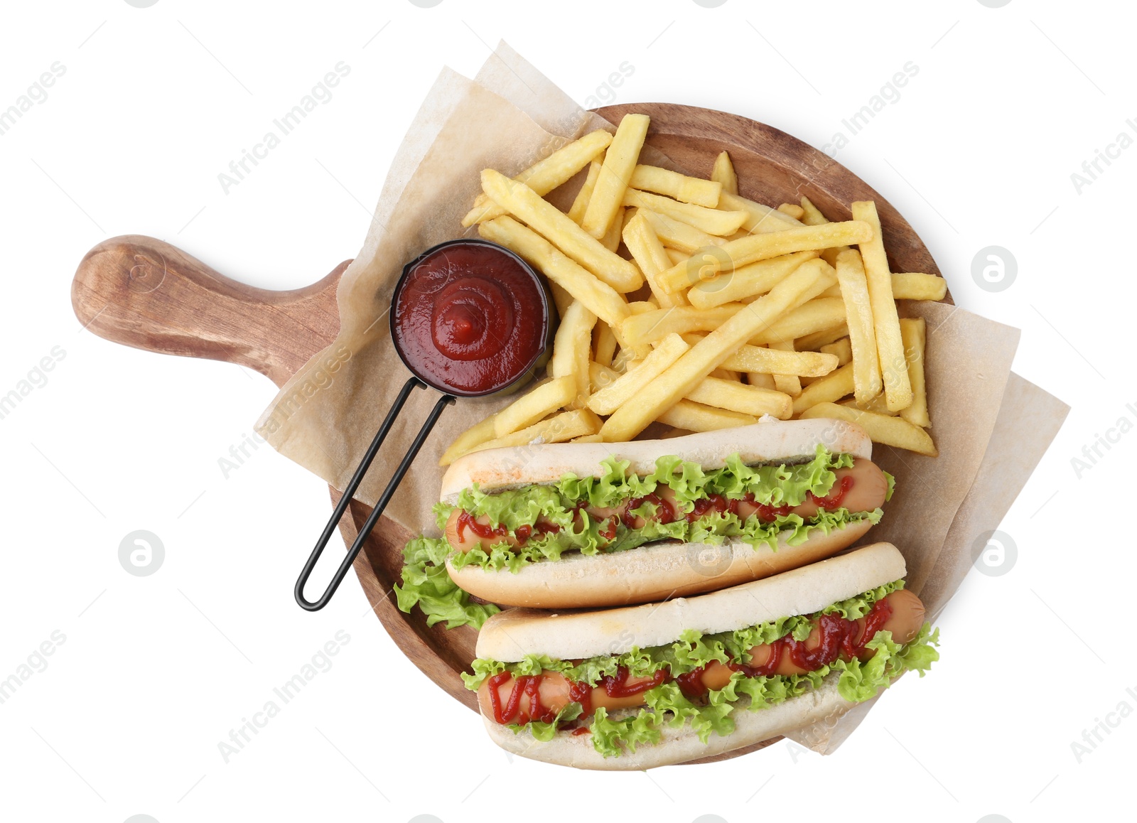 Photo of Tasty hot dogs with lettuce, ketchup and potato fries isolated on white, top view