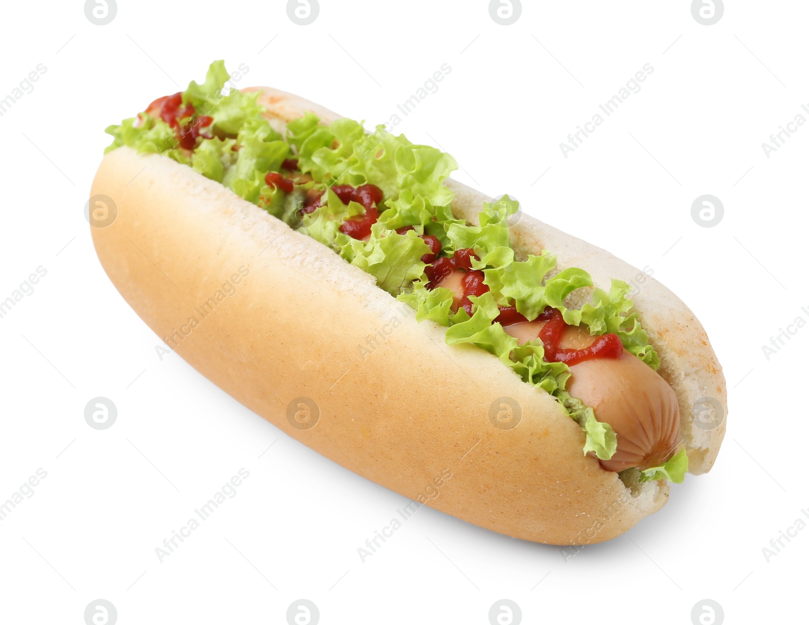 Photo of Tasty hot dog with lettuce and ketchup isolated on white