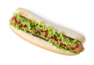 Photo of Tasty hot dog with lettuce and ketchup isolated on white, top view