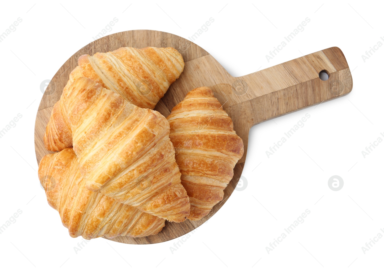 Photo of Tasty fresh croissants isolated on white, top view. Puff pastry