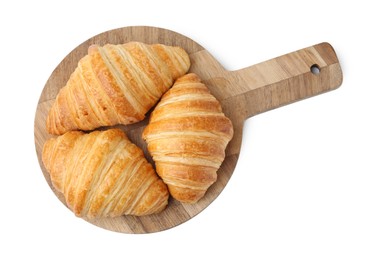 Photo of Tasty fresh croissants isolated on white, top view. Puff pastry