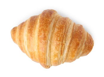 Photo of Tasty fresh croissant isolated on white, top view. Puff pastry