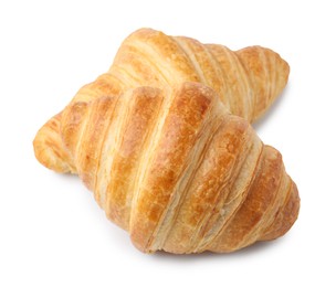 Photo of Tasty fresh croissants isolated on white. Puff pastry