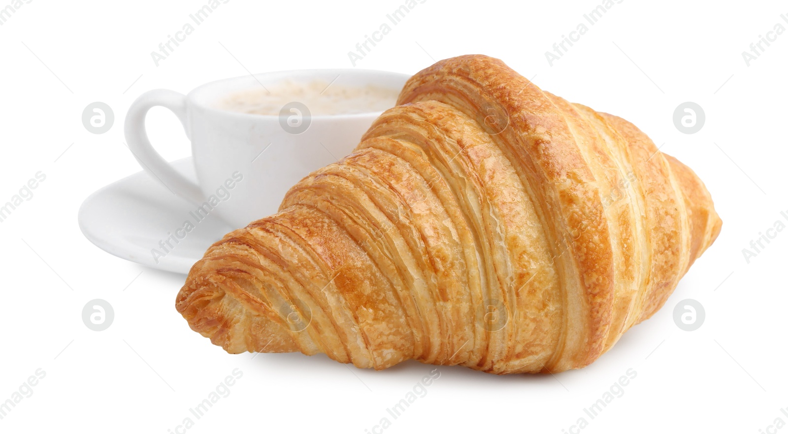 Photo of Tasty fresh croissant and cup of coffee isolated on white. Puff pastry