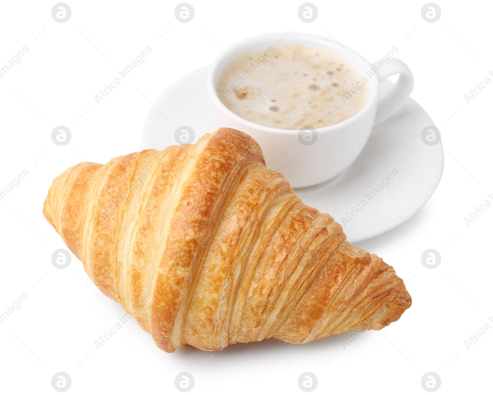 Photo of Tasty fresh croissant and cup of coffee isolated on white. Puff pastry