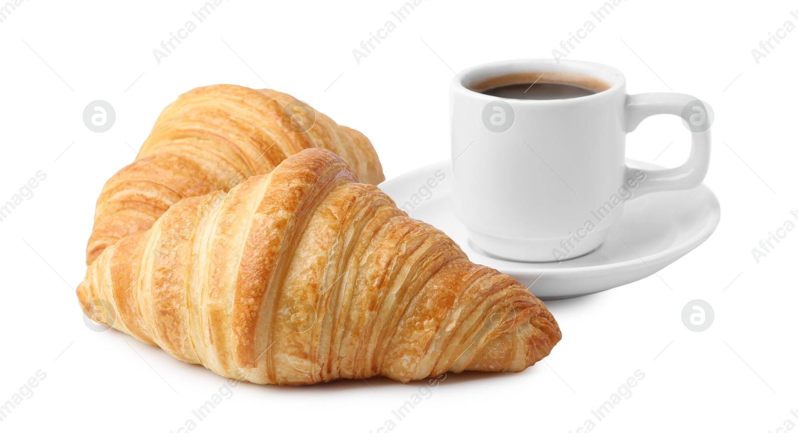 Photo of Tasty fresh croissants and cup of coffee isolated on white. Puff pastry