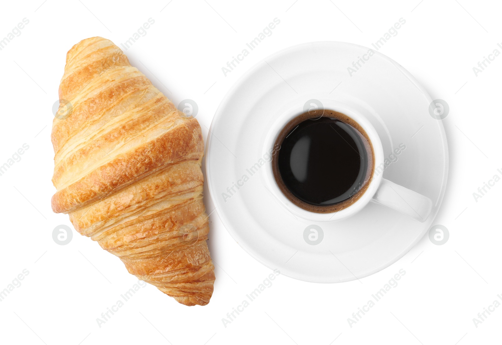 Photo of Tasty fresh croissant and cup of coffee isolated on white, top view. Puff pastry