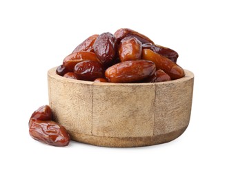 Photo of Tasty dried dates in wooden bowl isolated on white