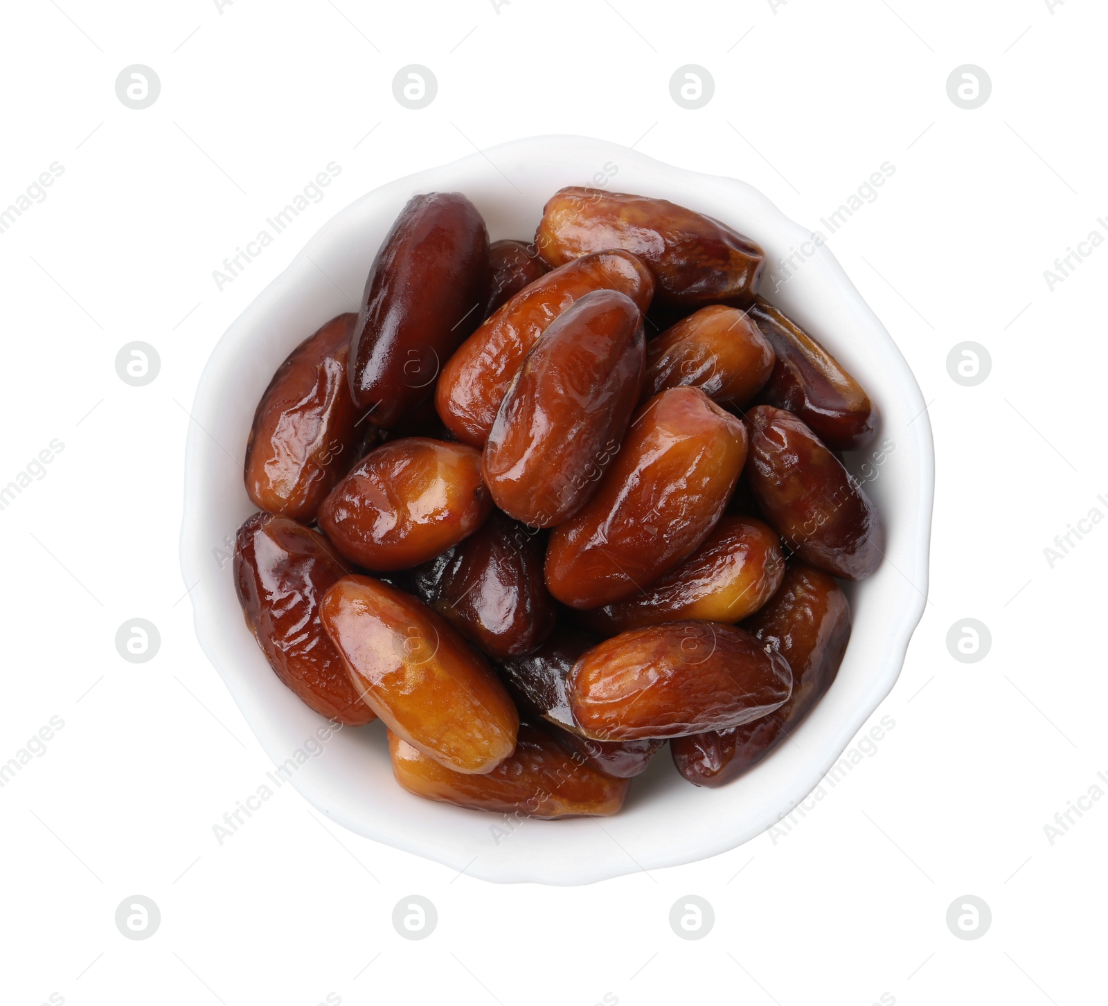 Photo of Tasty dried dates in bowl isolated on white, top view