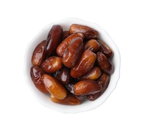 Photo of Tasty dried dates in bowl isolated on white, top view