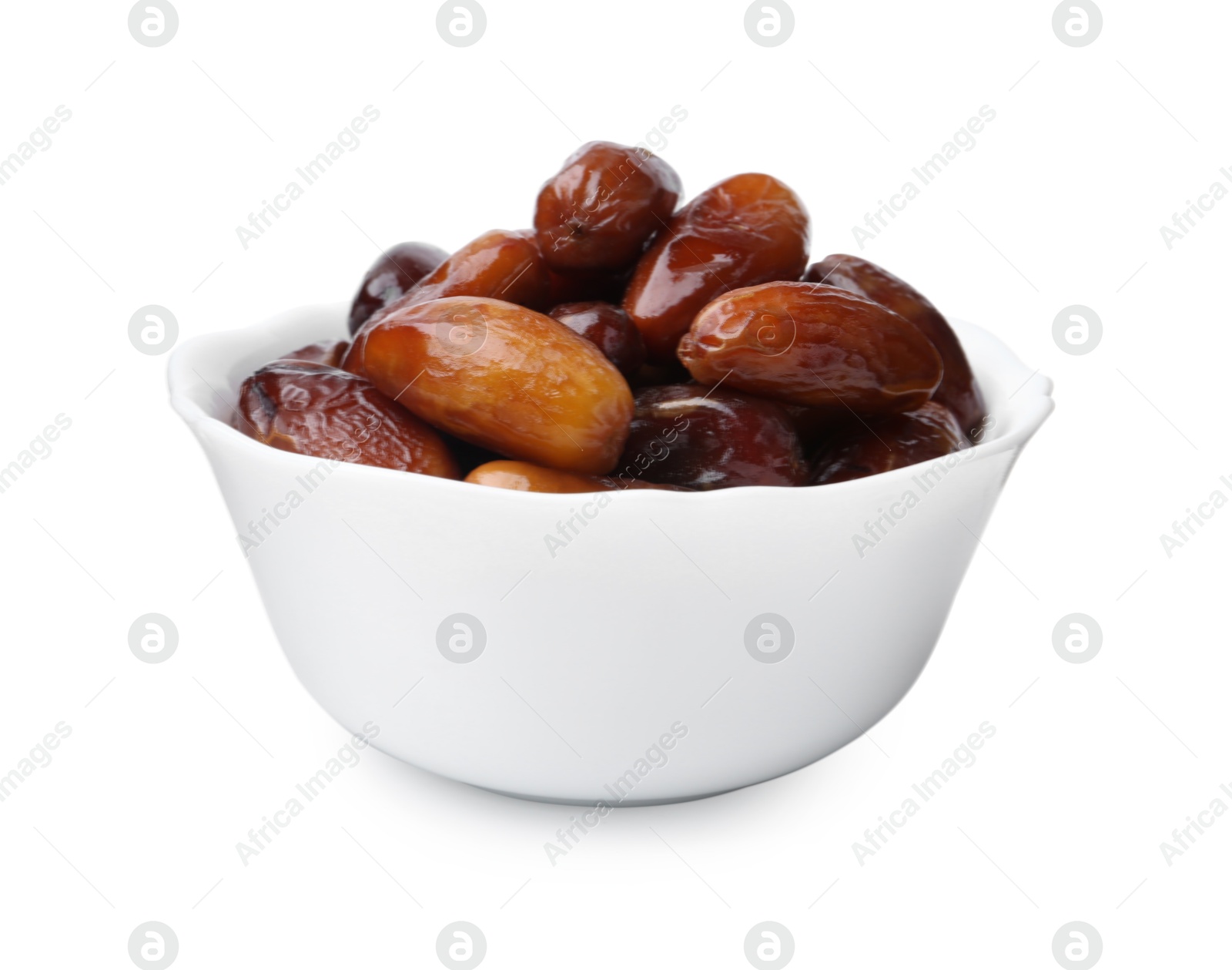 Photo of Tasty dried dates in bowl isolated on white