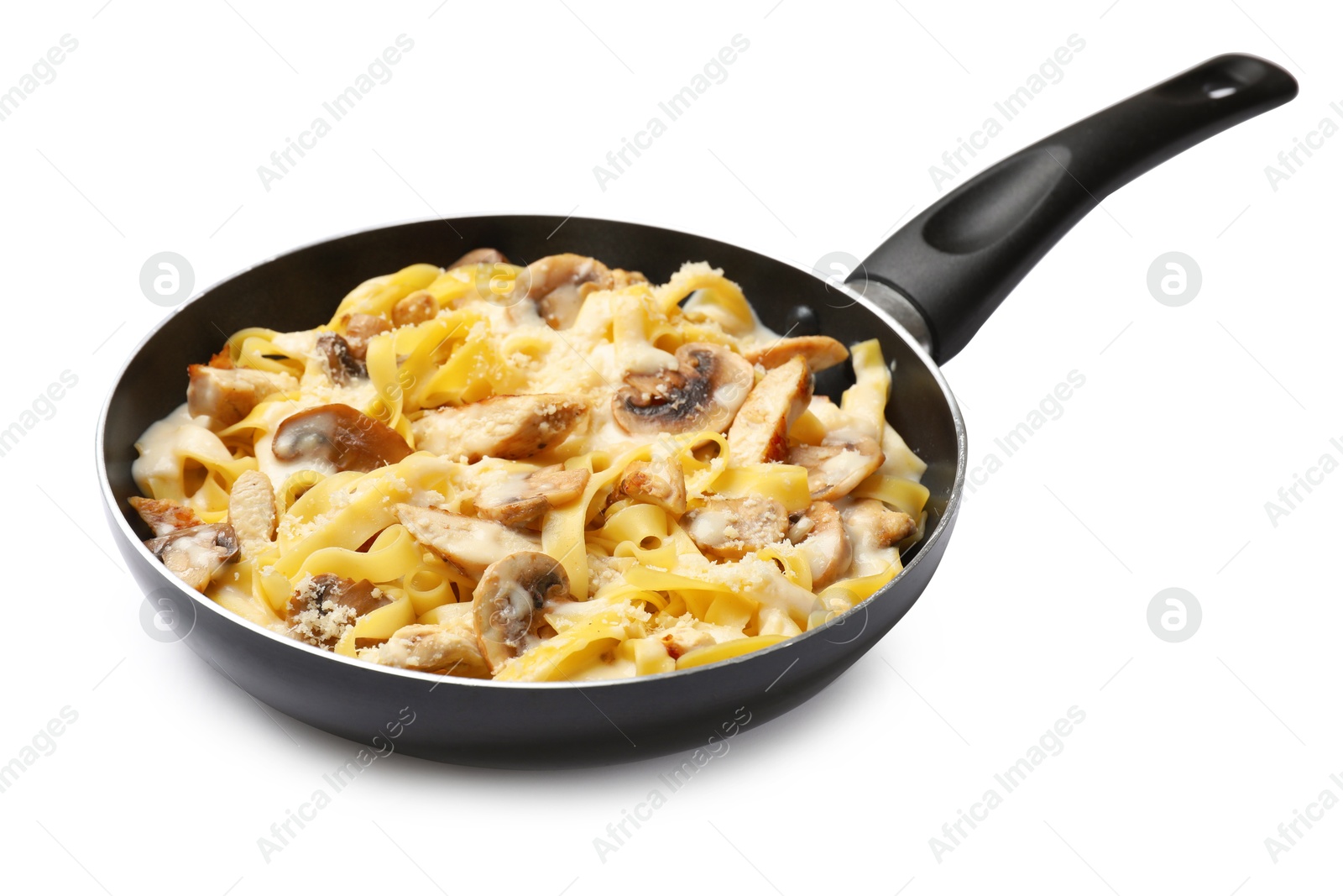 Photo of Tasty Alfredo pasta with chicken and mushrooms in frying pan isolated on white