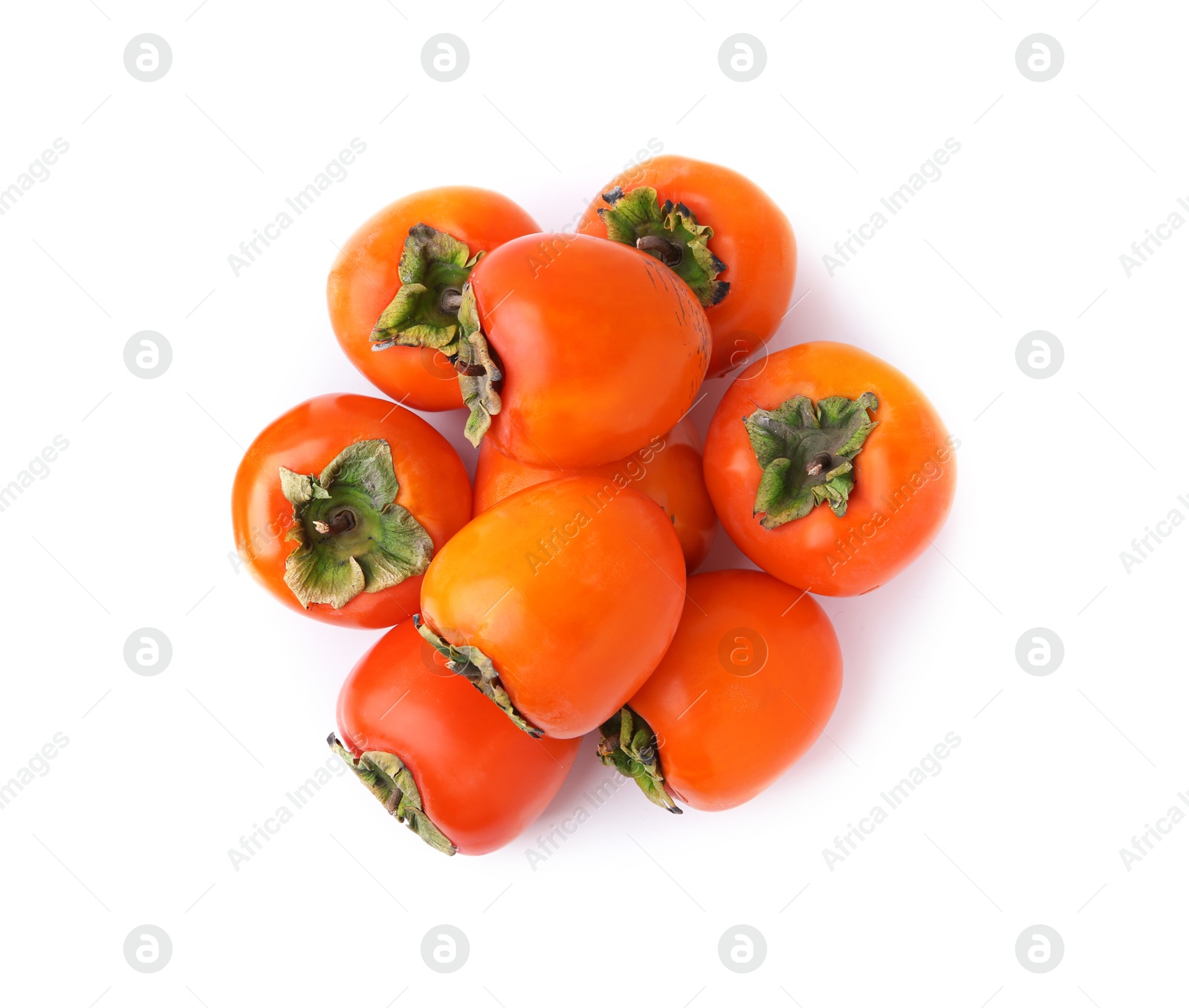 Photo of Delicious ripe juicy persimmons isolated on white, top view