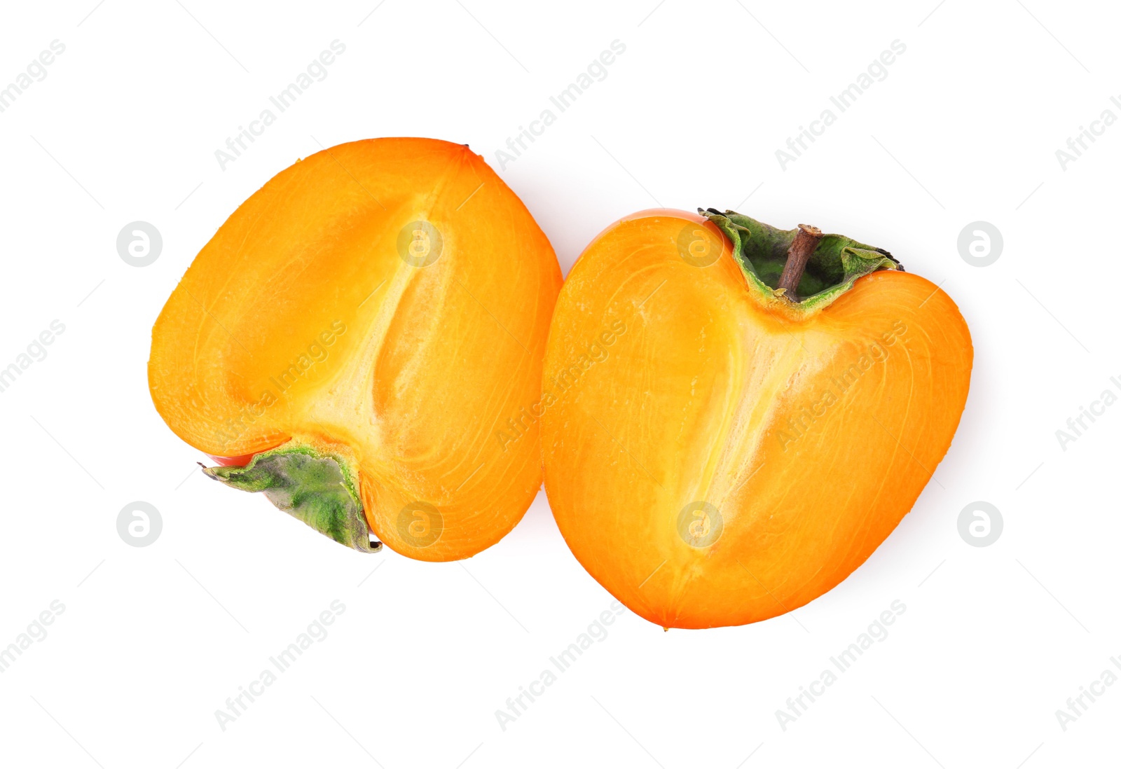 Photo of Halves of fresh juicy persimmon isolated on white, top view