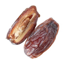 Photo of Pieces of dried dates isolated on white, top view