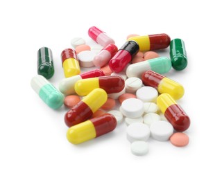 Photo of Many different colorful pills isolated on white