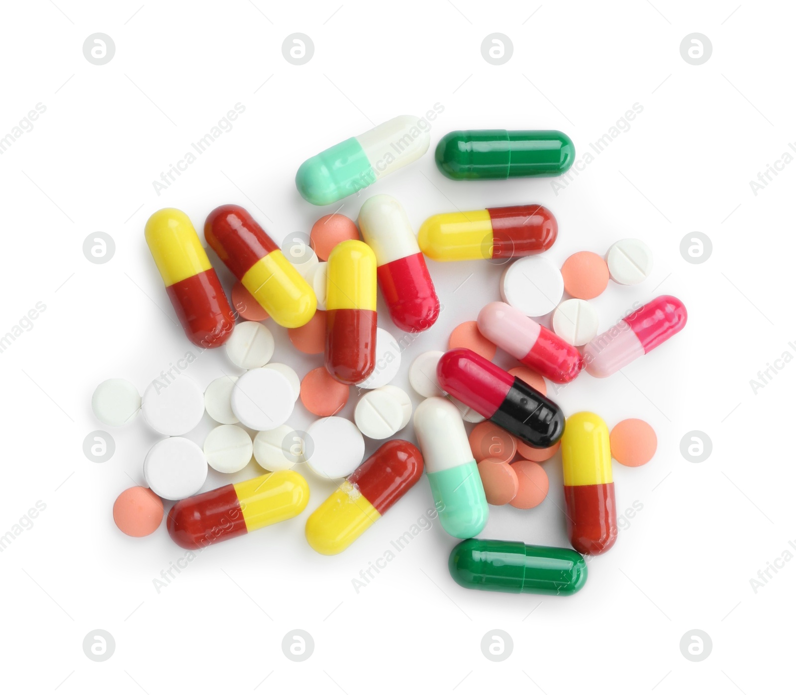 Photo of Many different pills isolated on white, top view