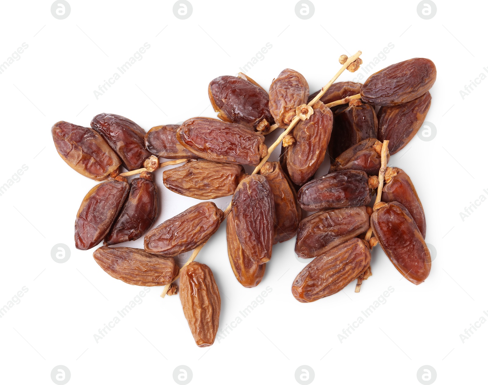 Photo of Bunch of tasty dried dates isolated on white, top view