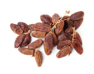 Photo of Bunch of tasty dried dates isolated on white, top view