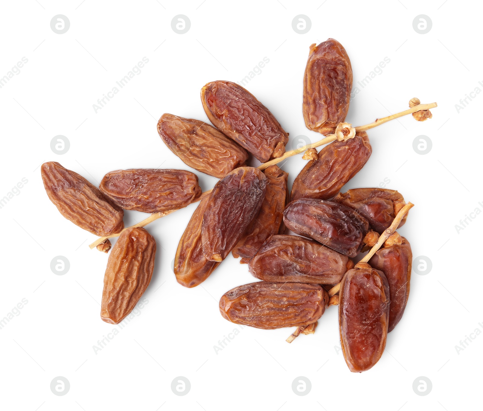 Photo of Bunch of tasty dried dates isolated on white, top view