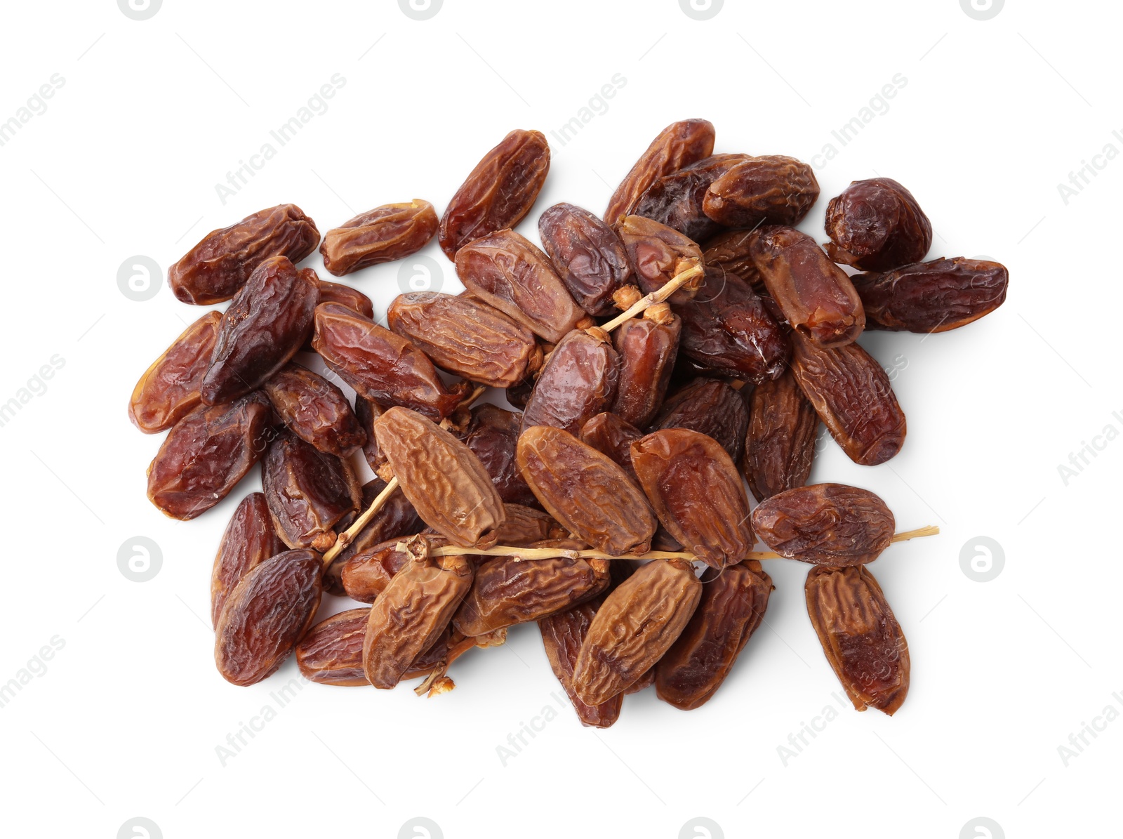 Photo of Many tasty dried dates isolated on white, top view