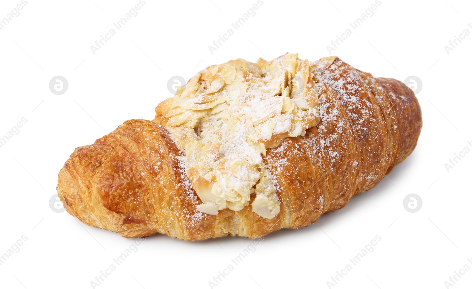 Photo of Delicious fresh croissant with almond flakes isolated on white