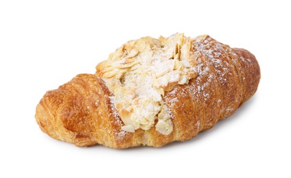 Photo of Delicious fresh croissant with almond flakes isolated on white